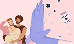Ilustração de um casal de homens trans, com um deles grávido sendo abraçado pelo outro, posicionados acima da bandeira trans. A imagem inclui elementos simbólicos de saúde, como um band-aid, uma seringa, um frasco de remédios e cápsulas flutuando. À direita do casal, uma mão estendida, pronta para um high five, usa uma luva roxa de látex típica de profissionais da saúde.